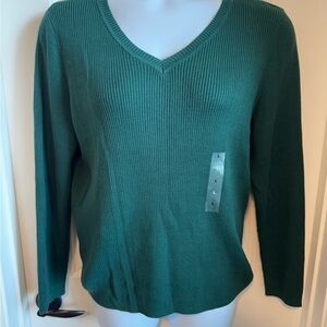 NWT Karen Scott Long Sleeve Ribbed 100% Cotton Green V-Neck Sweater, Large